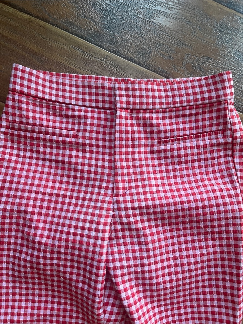 Zara Red and White Seersucker Gingham Flared Pants - Size Small - Picture 2 of 6